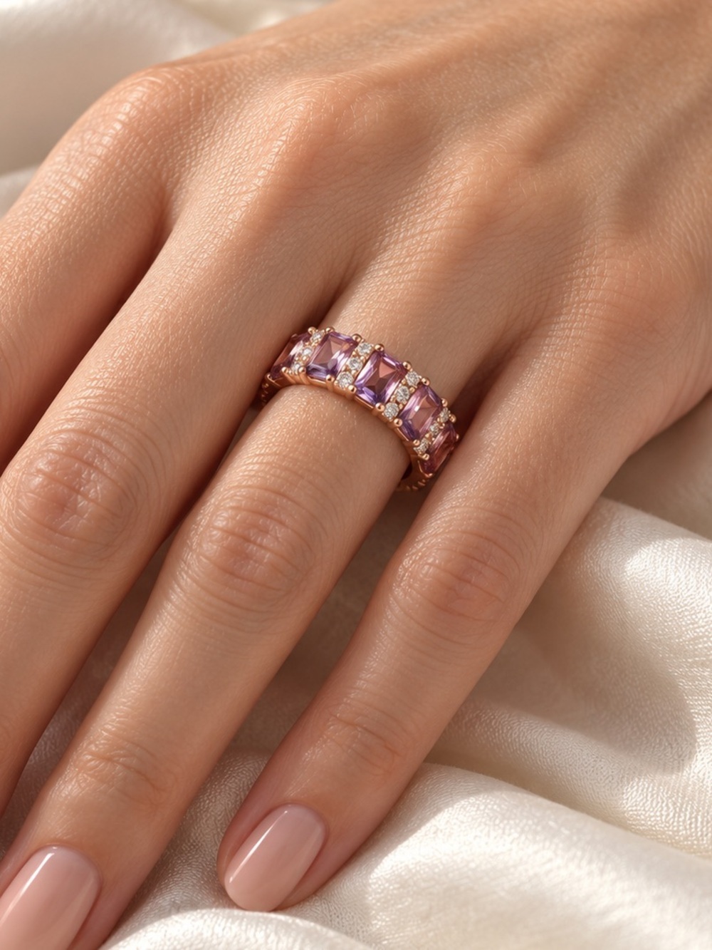 Lavender Purple & Clear Stone Rose Gold-Tone Eternity Band Ring (R103)